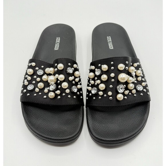 Steve Madden Women Slip-On Pearls Crystals Black satin Sandy Slide Size 9 - Picture 3 of 4